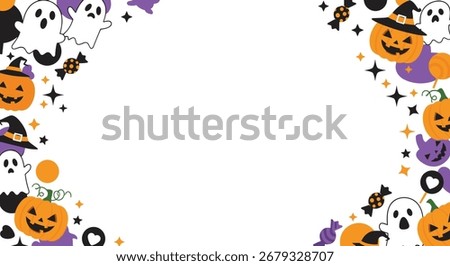 Halloween spooky cute pumpkin and ghost illustrations with candy and stars border.
