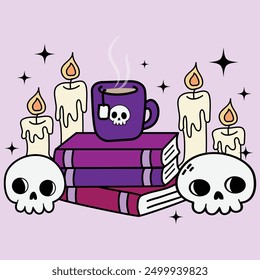 Halloween spooky cute a stack of books, skulls, candles, and a tea mug with a skull Clipart vector for book lovers decorating invitations, greeting cards, celebration cards, posters, stickers, crafts