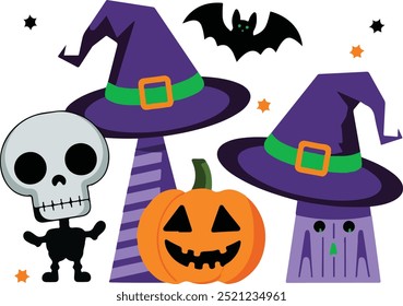 Halloween spooky decorated cartoon witch hats, Halloween party costume elements flat vector art illustration