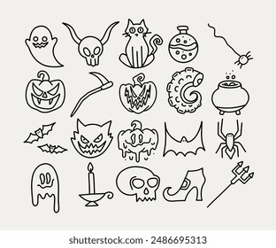 Halloween Spooky Doodle Icons. Hand-drawn style featuring eerie elements like ghosts, pumpkins, and skulls. Perfect for enhancing Halloween-themed designs and projects.