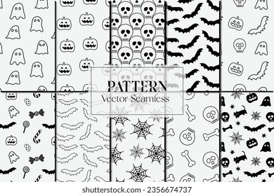 Halloween spooky doodle lines black shapes seamless repeat pattern set