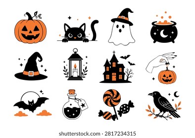 Halloween spooky elements collection pumpkin ghost cat bat witch lantern raven vector illustration