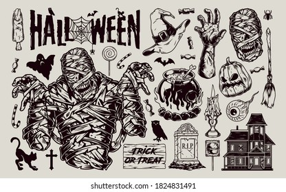 Halloween spooky elements vintage set with haunted house witch broom cauldron hat zombie body parts scary animals pumpkin candle gravestone candies isolated vector illustration