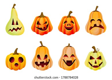 Halloween spooky emotion pumpkins icons collection. Vector flat cartoon illustration. Jack o lanterns face expression. Holidays celebration design elements, isolated on white background