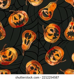 Halloween spooky emotion pumpkins seamless pattern. Vector hand drawn sketch illustration. Jack o lanterns face expression on black background. Holidays decoration design