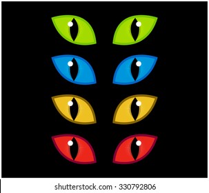 Halloween spooky eyes vector set isolated on black background. Illustration of Evil, dangerous, wild angry cat iris in darkness