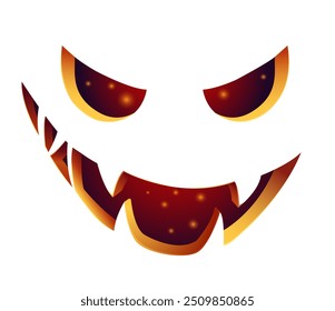 Halloween spooky face. Carved glowing pumpkin face. Autumn horror season. Scary Jack O Lantern for banners, party invitations, stickers, and decor. Cartoon vector creepy character illustration