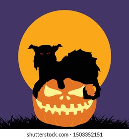 Halloween Spooky Feral Cat Silhouette on Hand Drawn Pumpkin Over Purple Background