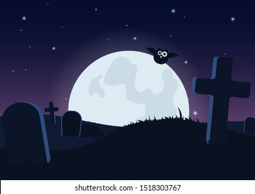 Halloween spooky flat vector background. Scary graveyard at night cartoon illustration. Horror moon, owl and gravestones creepy backdrop. Helloween gothic composition with cemetery wallpaper