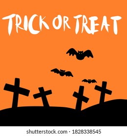 Halloween spooky flat vector background. Scary graveyard at night cartoon illustration. Bat and gravestones creepy backdrop. Helloween gothic composition with cemetery wallpaper