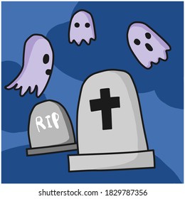 Halloween spooky flat vector background. Scary graveyard at night cartoon illustration. Bat and gravestones creepy backdrop. Helloween gothic composition with cemetery wallpaper