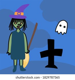 Halloween spooky flat vector background. Scary graveyard at night cartoon illustration. Bat and gravestones creepy backdrop. Helloween gothic composition with cemetery wallpaper