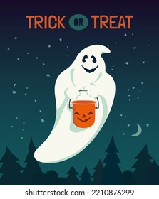 Halloween spooky flying ghost with candy bucket vector poster. Trick or Treat horror scary night fun cute monster fictional character design element. Happy Halloween holiday greeting card background