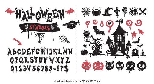 Colección de símbolos y tipos de letra inquietantes de Halloween. Las formas espeluznantes hacen que sea fácil y rápido personalizar tus proyectos de diversión y horror.