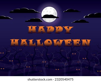 Halloween spooky forest with bats and full moon.