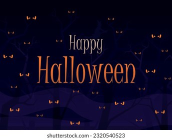 Halloween spooky forest with bats and full moon.