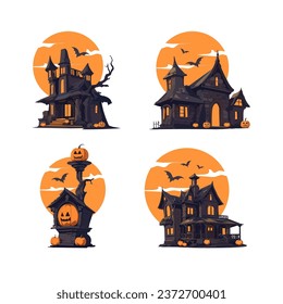 Halloween spooky ghost abandoned old haunted house church castle set collection illustration