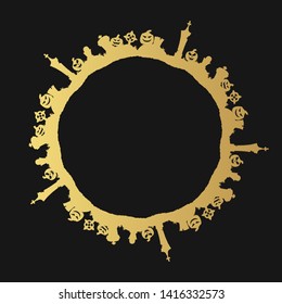 Halloween spooky golden frame with cemetery, graveyard and creepy pumpkins. Vector isolated horror night gold border for party invitation.