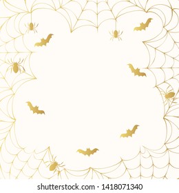 Halloween spooky golden spiderweb frame with bats and spiders. Vector isolated horror gold border for october party flyer.