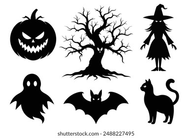 Halloween Spooky graphic element set vector art illustration such as pumpkin, ghost, bat, black cat, tree and a witch isolated on white background