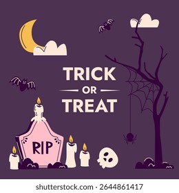 Halloween spooky graveyard banner template with headstone, haunted tree, candles, skull, bats, spider, crescent moon and clouds. Trick or treat concept. Holiday social media post. Vector illustration