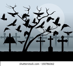 Halloween spooky graveyard, cemetery vintage background with grave crosses, tree and raven