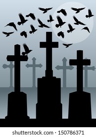 Halloween spooky graveyard, cemetery vintage background with grave crosses and raven