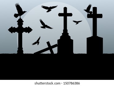 Halloween spooky graveyard, cemetery vintage background with grave crosses and raven