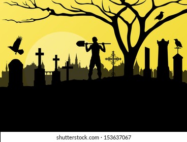 Halloween spooky graveyard, cemetery vintage background with grave crosses, raven and gravedigger