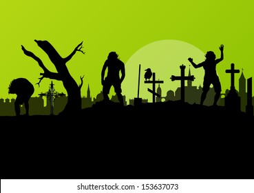 Halloween spooky graveyard, cemetery vintage background with grave crosses, raven and zombie