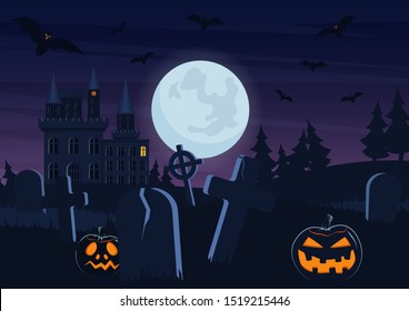 Halloween spooky graveyard flat vector background. Scary haunted house at night cartoon illustration. Horror moon, pumpkins and tombstones creepy backdrop. Helloween gothic composition with cemetery