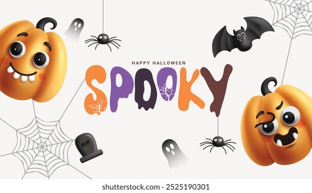 Halloween design de vetor de texto de saudação assustadora. Feliz dia das bruxas assustadora festa noite convite cartão com abóboras bonitos personagens em fundo branco. Projeto de cartão de saudação de horror de ilustração vetorial. 
