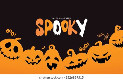 Halloween spooky greeting text vector background design. Happy halloween greeting with orange pumpkins scary, creepy and horror characters. Vector illustration trick or treat card design. 
