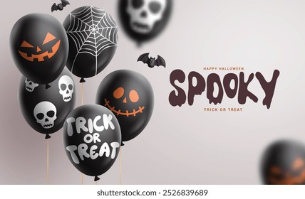 Halloween spooky greeting vector design. Happy Halloween text with black balloons bunch floating in scary, creepy and skittish pattern for spooky party night background. Vector illustration