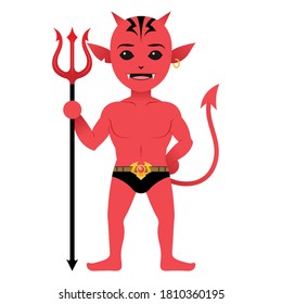 Halloween Spooky Haunted Fantasy Cute Character - Red Devil With Trident Cartoon Vector Illustration Isolated On White Background