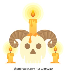 Halloween Spooky Haunted Fantasy Cute Character - Goat Skull Horn Witch And Magical Superstitious Ritual And Candle Cartoon Vector Illustration Isolated On White Background