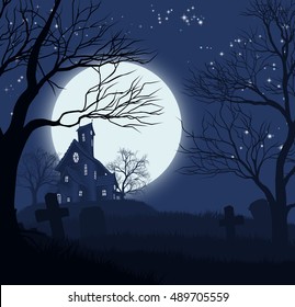 A Halloween spooky haunted house and graveyard background