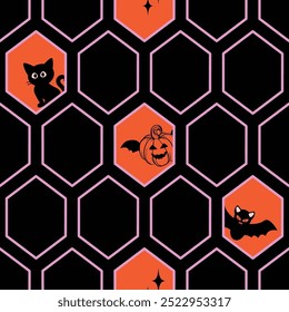 Halloween Spooky honeybee hive cells Seamless Pattern texture. Modern orange and black check Grid Background. Funny Print monochrome colors for textile, wrapping paper, wallpaper, web design and