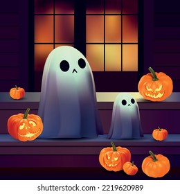 halloween spooky house with horror pumpkin and creepy ghost, poster scarey spirit, Jack O Lantern on stair, mystery festival picture, Paper Graphic of Happy Halloween fun party celebration background 