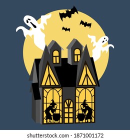 Halloween spooky house on the blue background. Vector illustration