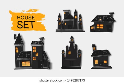 Halloween Spooky House Set Collection For Celebration, Template And Decoration