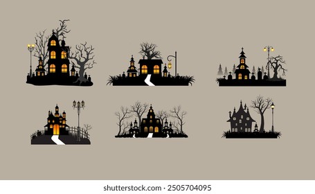 Halloween Spooky House set silhouette.