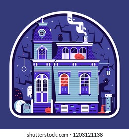 Halloween spooky house sticker with haunted victorian mansion full of ghosts and scary creatures.