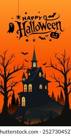 Halloween Spooky House Vector illustration Template for postcard, flyer, banner