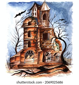 Halloween spooky house watercolor background