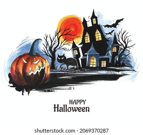 Halloween spooky house watercolor pumpkins background