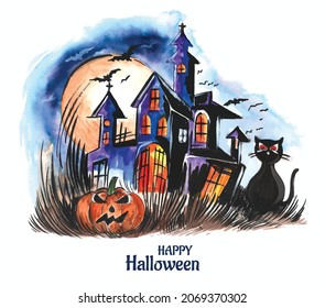 Halloween spooky house watercolor pumpkins background