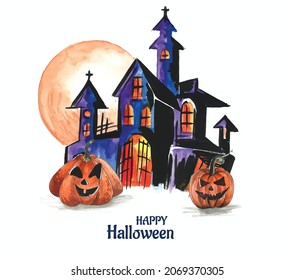 Halloween spooky house watercolor pumpkins background
