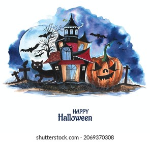 Halloween spooky house watercolor pumpkins background