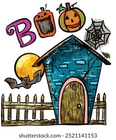 Halloween Spooky Huanted House Tree  Trick or Treat colorful hand drawn fun